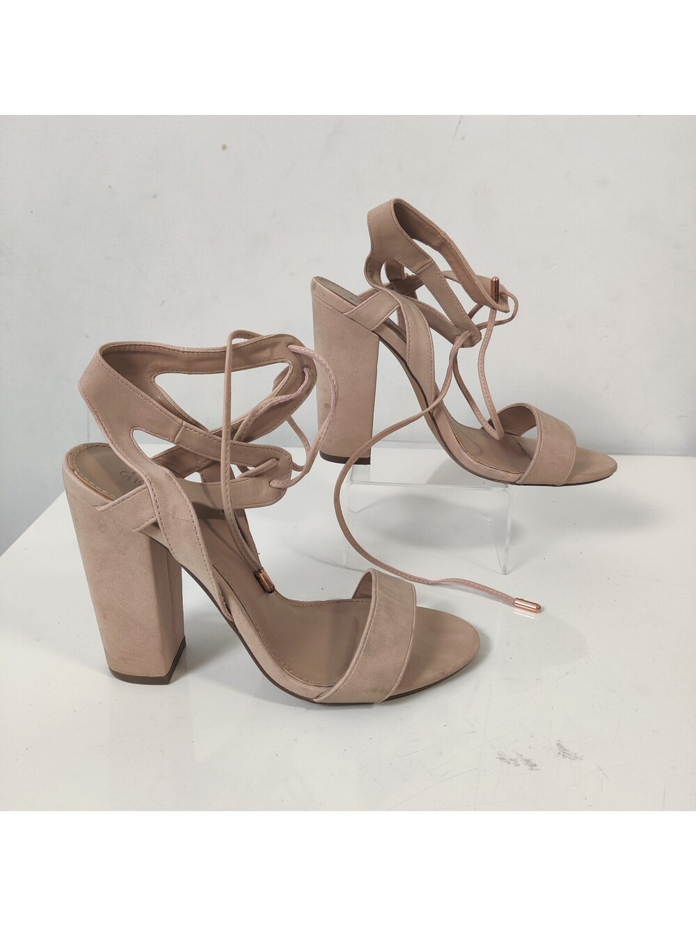 Charlotte Russe Nude Blush Faux Suede Lace Up Block Heel Sandals Jennie Size 7